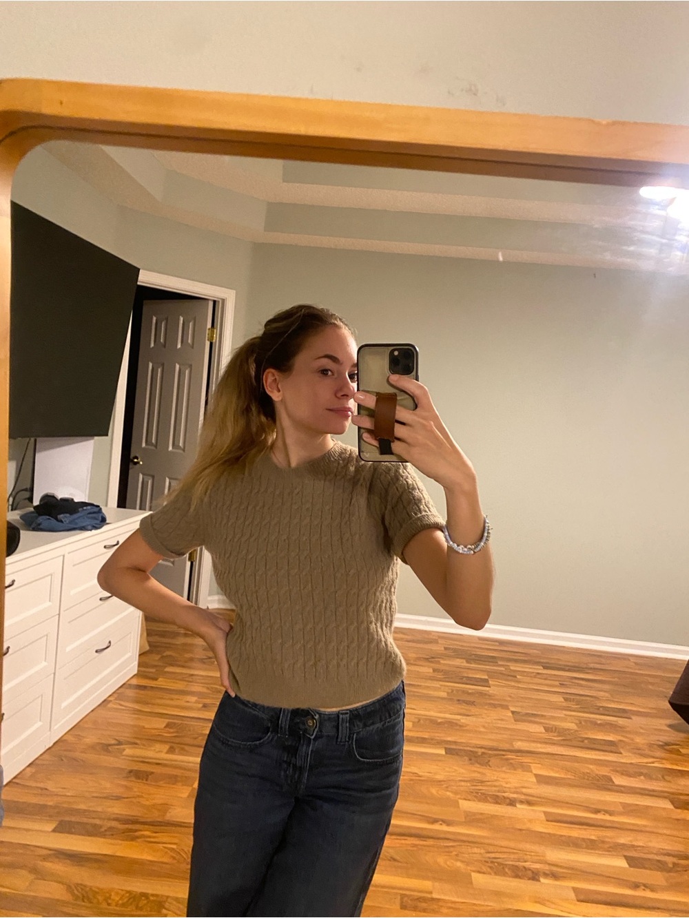 Women’s Short-Sleeve Cable Knit Top - Beige